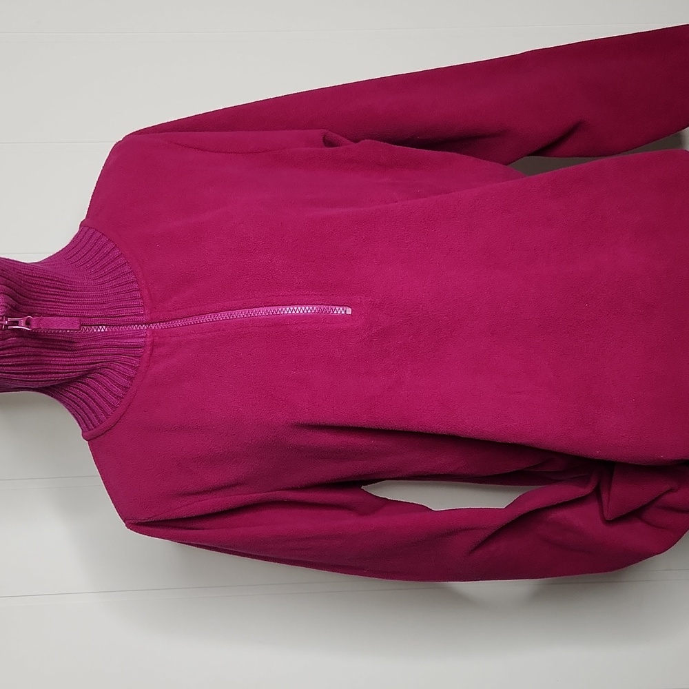 Lands End Fushia fleece pullover ribbed knit collar lightweight jacket